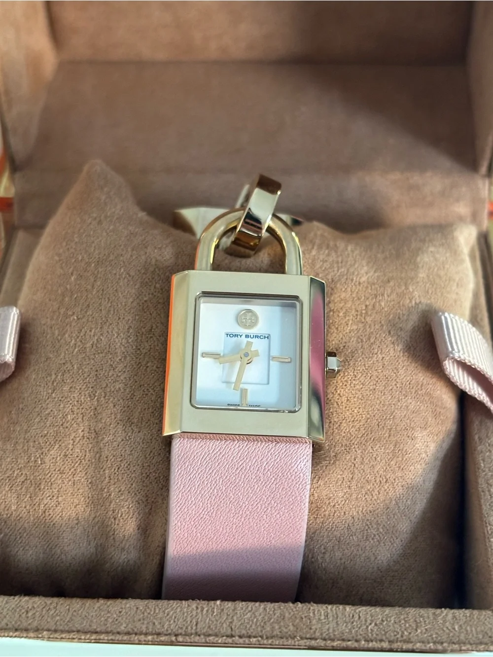 Tory Burch Gold Padlock Watch with Pink Leather Strap